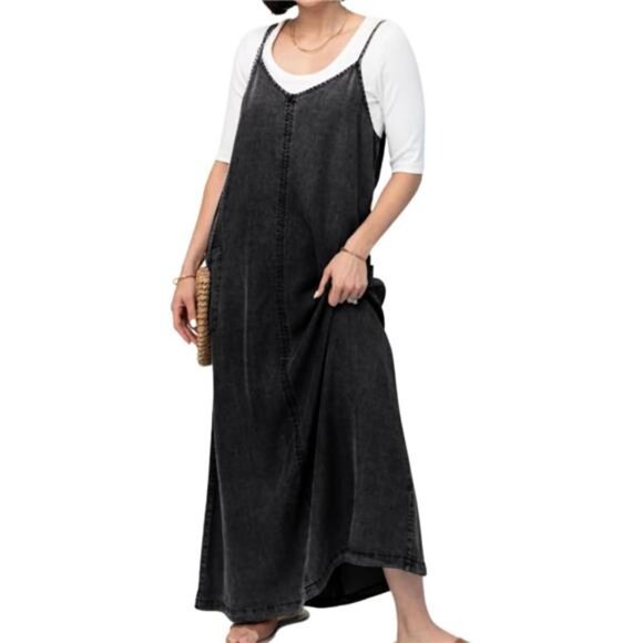 Women's Summer Spaghetti Strap Denim Dress Black - Picture 1 of 3